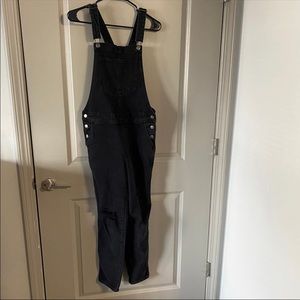 Black Distressed Denim Overall Jumpsuit
